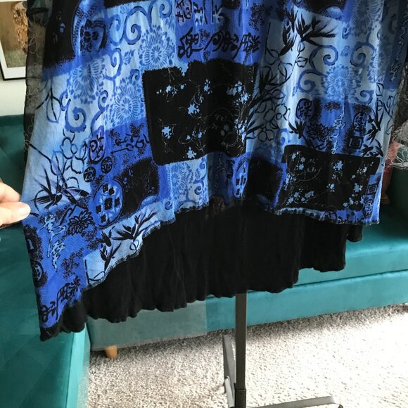 HAND JIVE size XL Blue & Black Mixed Patterns Wearable Asian Art Tunic Top - Picture 4 of 7
